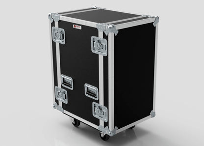 The 16U Standard Rack Case features silver metal edges, latches, and handles on a black finish. It stands upright on four caster wheels—ideal for secure equipment transport.
