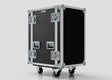 The 16U Standard Rack Case is a black and silver hard case with metal reinforcements, handles, and four wheels, shown against a plain background.