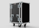 The 16U Standard Rack Case is a black and silver hard case with metal reinforcements, handles, and four wheels, shown against a plain background.