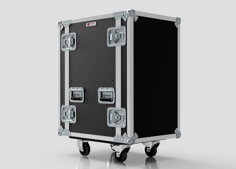 The 16U Standard Rack Case is a black and silver hard case with metal reinforcements, handles, and four wheels, shown against a plain background.