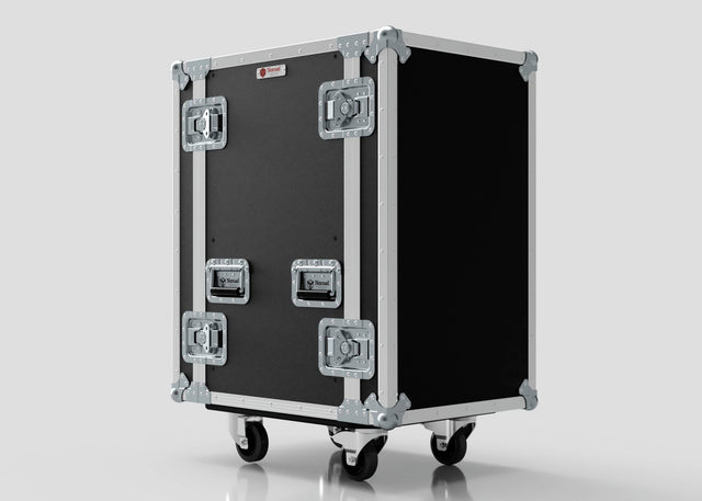 The 16U Standard Rack Case is a black and silver hard case with metal reinforcements, handles, and four wheels, shown against a plain background.