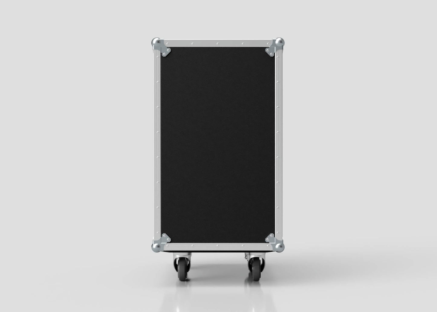 The 16U Standard Rack Case, a black rectangular case with metal edges, corner protectors, and birch plywood construction, stands upright on four wheels against a plain light background.