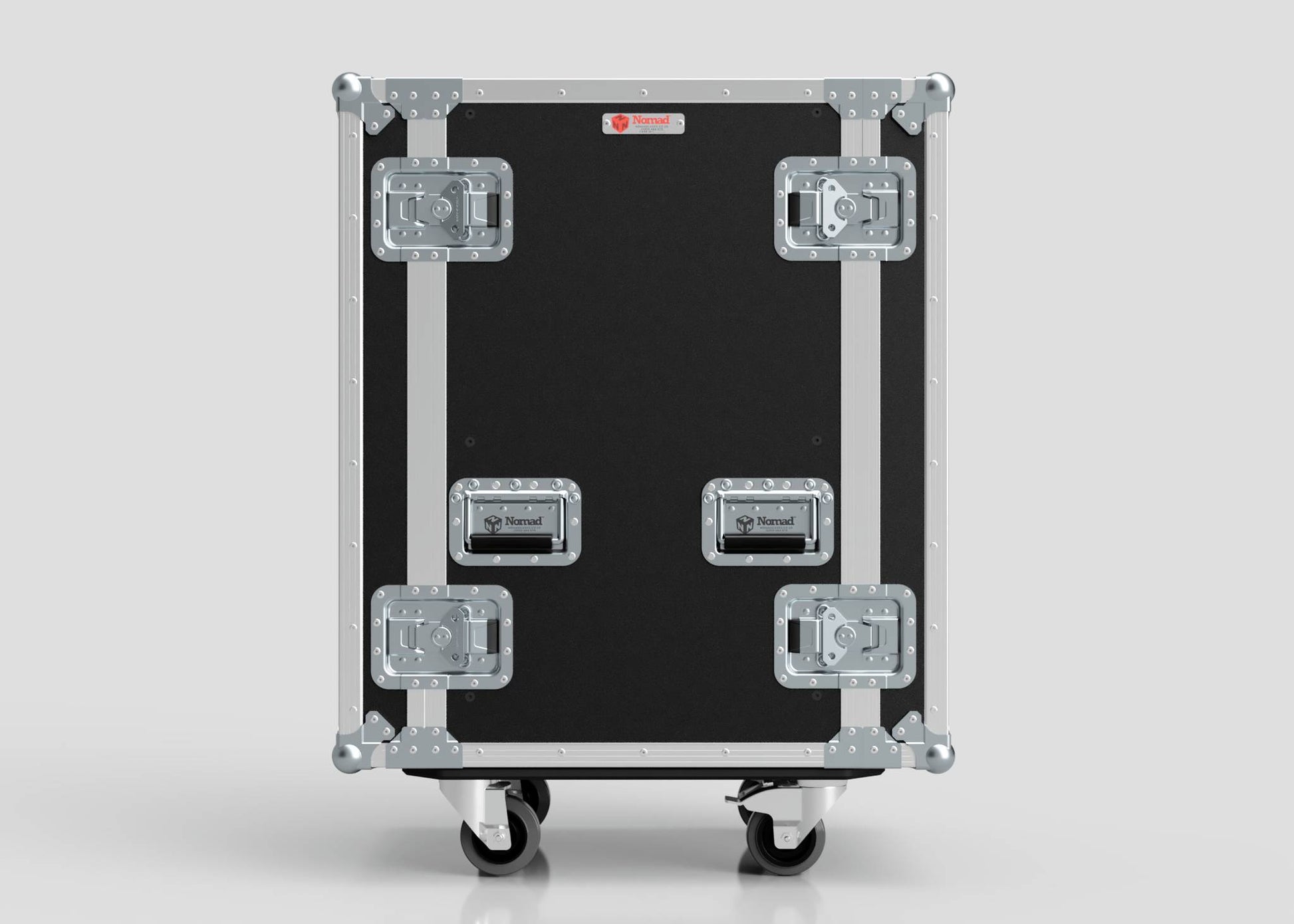 The 16U Standard Rack Case is a black and silver case with metal edges, reinforced corners, four latches, and two wheels, designed for secure equipment transport.