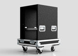 16U Standard Rack Sleeve With Case With Lift Off Lid—black, rectangular flight case with metal edges and handles, open on one side, mounted on a wheeled base; external dimensions: 622 x 678 x 1000 mm.