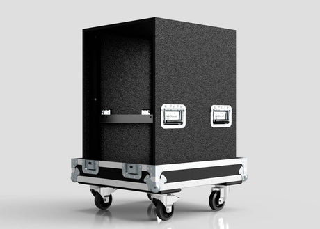 16U Standard Rack Sleeve With Case With Lift Off Lid—black, rectangular flight case with metal edges and handles, open on one side, mounted on a wheeled base; external dimensions: 622 x 678 x 1000 mm.