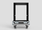 Front view of the 16U Standard Rack Sleeve With Case With Lift Off Lid, empty and black, on wheels, measuring 622 x 678 x 1000 mm, set against a plain gray background.