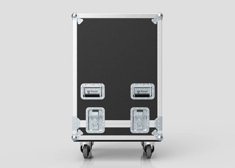 The 16U Standard Rack Sleeve With Case With Lift Off Lid is a black rectangular storage box with metal edges, handles, latches, four caster wheels, and external dimensions of 622 x 678 x 1000 mm.