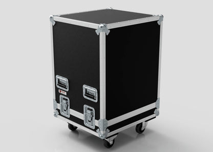 A 16U Standard Rack Sleeve flight case with lift-off lid, black, metal edges, corner protectors, two handles, two latches, four caster wheels; external size: 622 x 678 x 1000 mm, shown against a plain background.