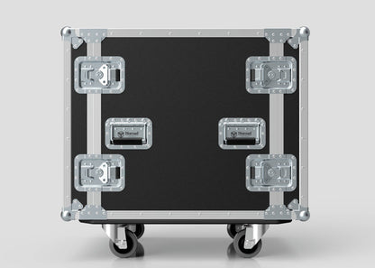 The 16U Suspended Shock Mounted Rack Case features a black and silver birch plywood build, metal reinforcements, handles, shock-mounted rack interior, and four caster wheels. Displayed against a plain gray background.