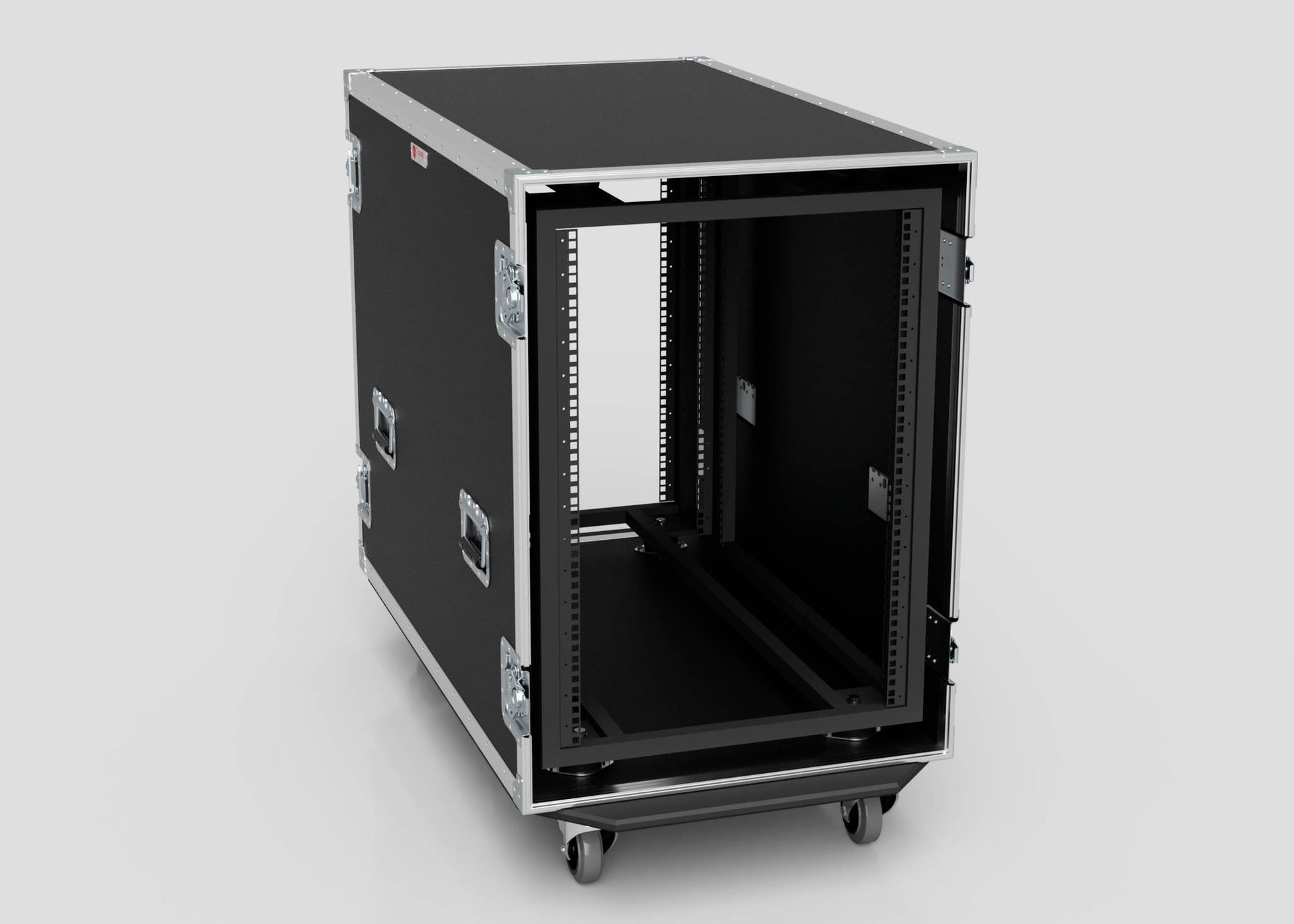The 16U x 1032mm Suspended Shock Mounted Data Server Rack is a large black case with metal edges, open front, side handles, and caster wheels, offering spacious internal dimensions, shown on a plain background.