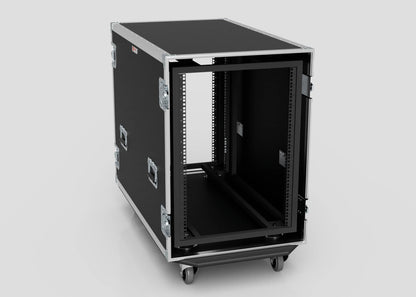The 16U x 1032mm Suspended Shock Mounted Data Server Rack is a large black case with metal edges, open front, side handles, and caster wheels, offering spacious internal dimensions, shown on a plain background.