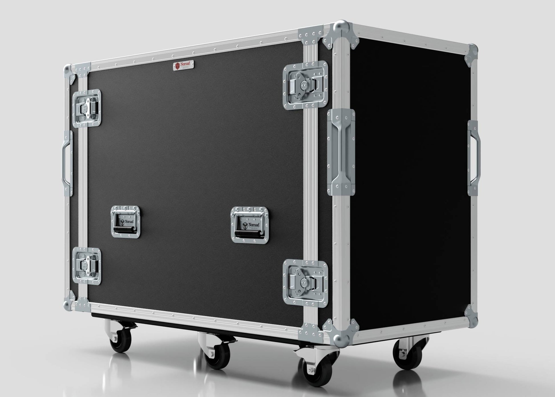 A 16U x 1032mm Suspended Shock Mounted Data Server Rack in a large black flight case with metal reinforcements, handles, latches, and four caster wheels. Ideal for secure transport; external dimensions measured in mm for precise fit.