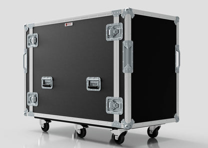 A 16U x 1032mm Suspended Shock Mounted Data Server Rack in a large black flight case with metal reinforcements, handles, latches, and four caster wheels. Ideal for secure transport; external dimensions measured in mm for precise fit.