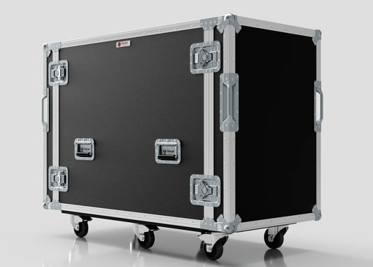 A 16U x 1032mm Suspended Shock Mounted Data Server Rack in a large black flight case with metal reinforcements, handles, latches, and four caster wheels. Ideal for secure transport; external dimensions measured in mm for precise fit.