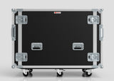A large black and silver 16U x 1032mm Suspended Shock Mounted Data Server Rack road case with metal reinforcements, latches, handles, and four caster wheels is shown against a plain background.