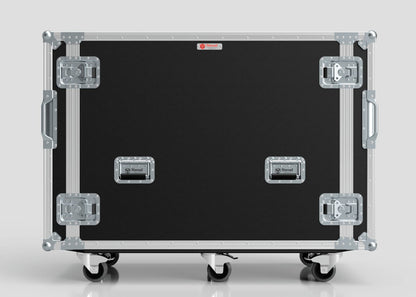 A large black and silver 16U x 1032mm Suspended Shock Mounted Data Server Rack road case with metal reinforcements, latches, handles, and four caster wheels is shown against a plain background.