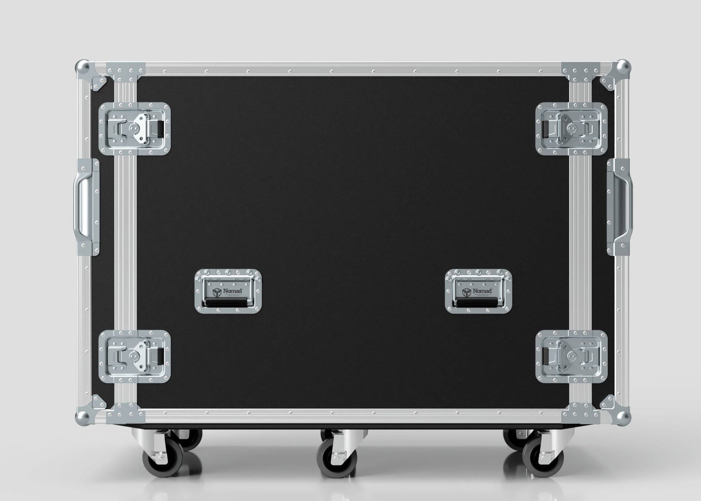 A large black and silver 16U x 1032mm Suspended Shock Mounted Data Server Rack with metal corners, two handles, and four casters, shown against a plain light background. External dimensions in mm ensure precise transport and storage planning.