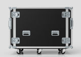 A large black and silver 16U x 1032mm Suspended Shock Mounted Data Server Rack with metal corners, two handles, and four casters, shown against a plain light background. External dimensions in mm ensure precise transport and storage planning.