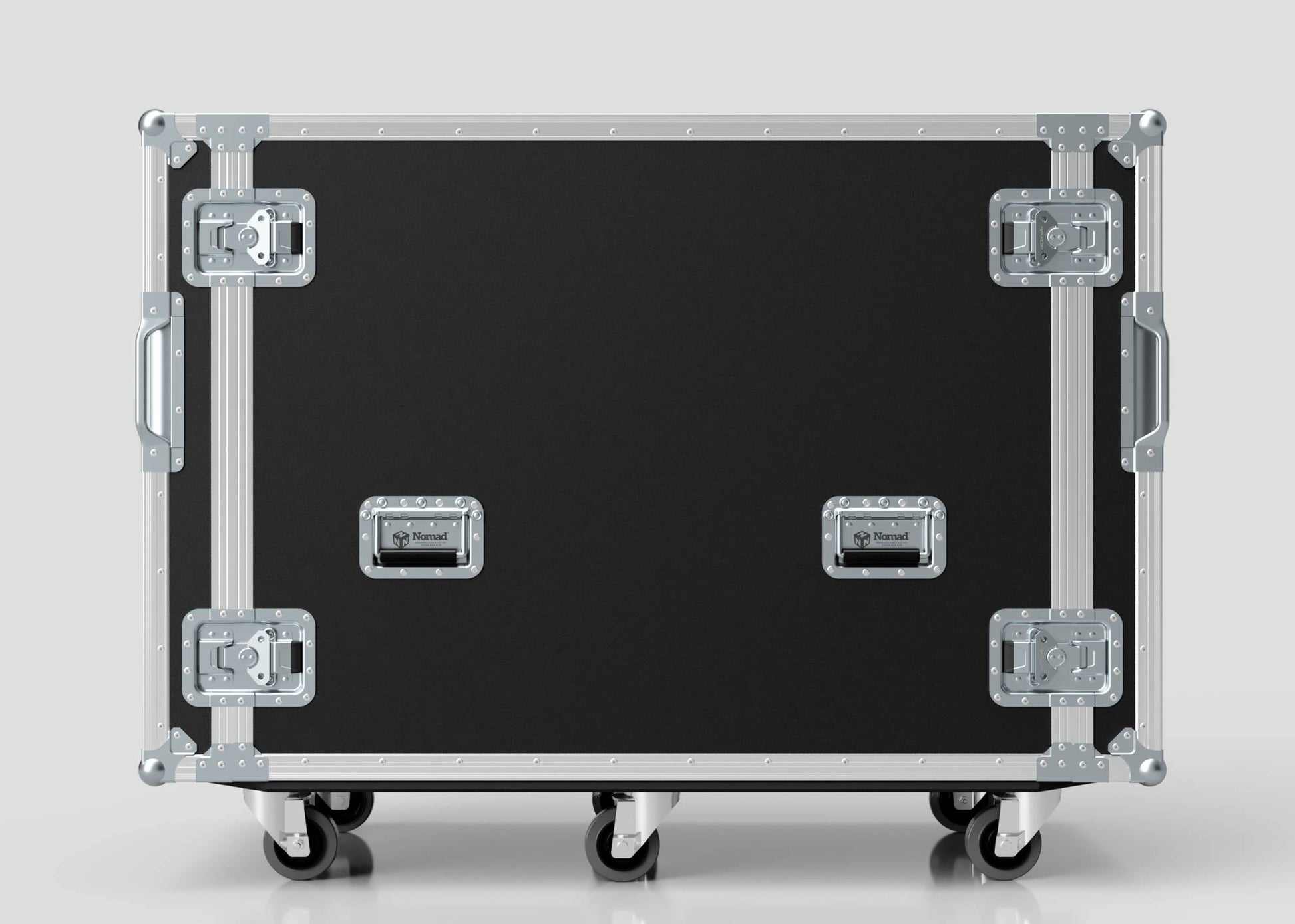 A large black and silver 16U x 1032mm Suspended Shock Mounted Data Server Rack with metal corners, two handles, and four casters, shown against a plain light background. External dimensions in mm ensure precise transport and storage planning.