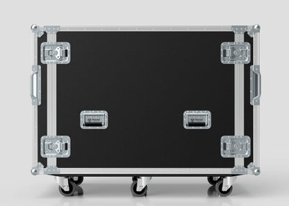 A large black and silver 16U x 1032mm Suspended Shock Mounted Data Server Rack with metal corners, two handles, and four casters, shown against a plain light background. External dimensions in mm ensure precise transport and storage planning.