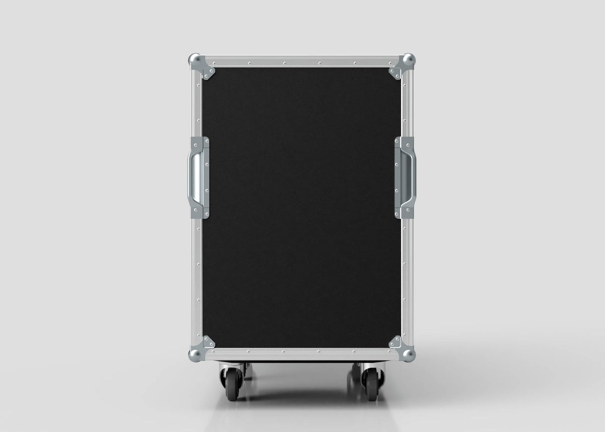 The 16U x 1032mm Suspended Shock Mounted Data Server Rack, shown upright against a plain background, features a rectangular black and silver design with metal handles and corner protectors for durability and ample internal space.
