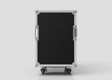 The 16U x 1032mm Suspended Shock Mounted Data Server Rack, shown upright against a plain background, features a rectangular black and silver design with metal handles and corner protectors for durability and ample internal space.