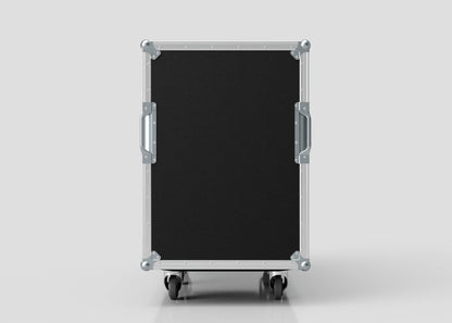 The 16U x 1032mm Suspended Shock Mounted Data Server Rack, shown upright against a plain background, features a rectangular black and silver design with metal handles and corner protectors for durability and ample internal space.