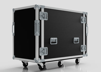 A 16U x 1032mm Suspended Shock Mounted Data Server Rack in black, featuring metal edges, corner guards, latches, handles, and four caster wheels. Its external dimensions are precisely built to meet your specific requirements.