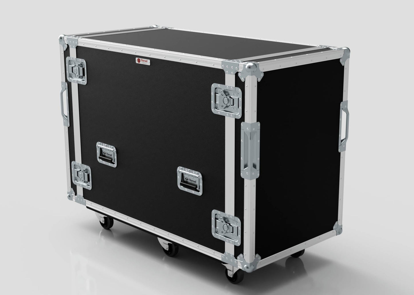 The 16U x 1032mm Suspended Shock Mounted Data Server Rack is a large black rectangular road case with metal edges, latches, handles, and wheels, designed for safe equipment transport. External dimensions are in mm for a precise fit.