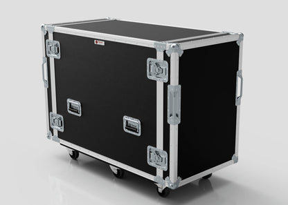 The 16U x 1032mm Suspended Shock Mounted Data Server Rack is a large black rectangular road case with metal edges, latches, handles, and wheels, designed for safe equipment transport. External dimensions are in mm for a precise fit.