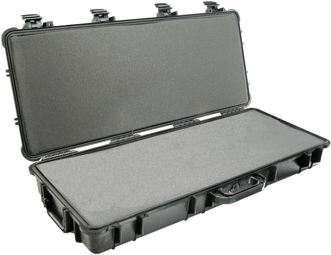 The PELI 1700 Protector Long Case in black, shown open with edge latches and a front handle, features foam padding inside—this crushproof case ensures ultimate gear protection.
