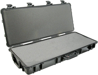 The PELI 1700 Protector Long Case in black, shown open with edge latches and a front handle, features foam padding inside—this crushproof case ensures ultimate gear protection.