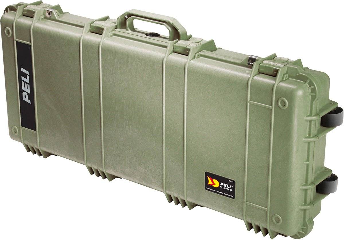 The PELI 1700 Protector Long Case is an olive green hard-shell case with a handle, sturdy latches, and branded labels, offering crushproof and watertight protection for secure equipment storage and transport.