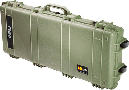 The PELI 1700 Protector Long Case is an olive green hard-shell case with a handle, sturdy latches, and branded labels, offering crushproof and watertight protection for secure equipment storage and transport.