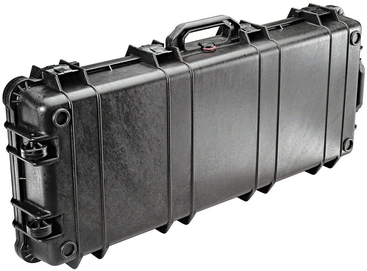 The black 1700 Protector Long Case is a hard-shell PELI case with reinforced edges, latches, and a central handle, providing watertight and crushproof protection for your gear.