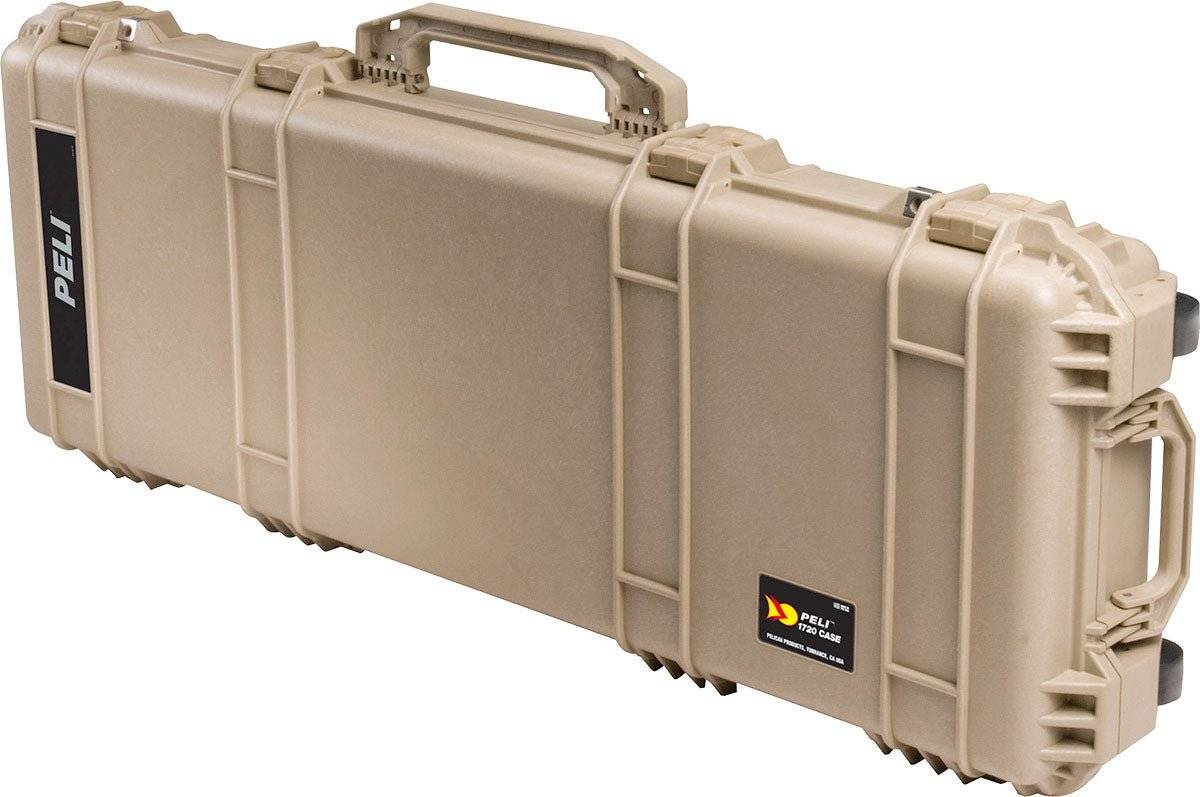 The 1720 Protector Long Case is a tan hard-shell PELI case with handles and secure latches, designed to be watertight for safe transport and protection of valuable or sensitive equipment.