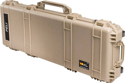 The 1720 Protector Long Case is a tan hard-shell PELI case with handles and secure latches, designed to be watertight for safe transport and protection of valuable or sensitive equipment.