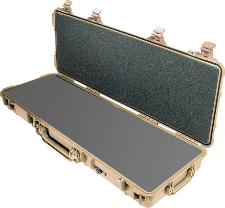 The 1720 Protector Long Case is a beige hard plastic equipment case with interior foam padding, secure latches, and a sturdy handle, shown open for easy access.