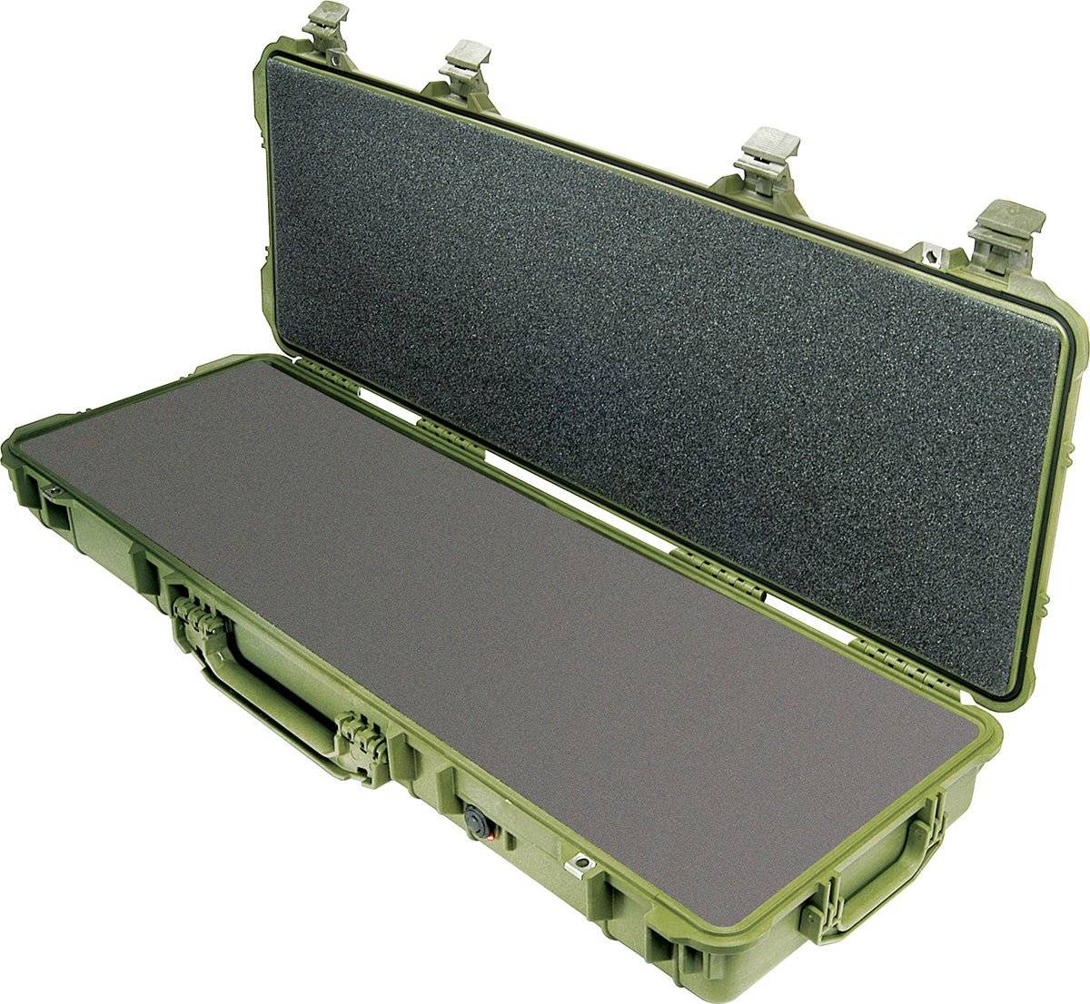 A hard, rectangular green 1720 Protector Long Case is shown open, revealing its foam padding and protective interior, making it ideal for safeguarding equipment.