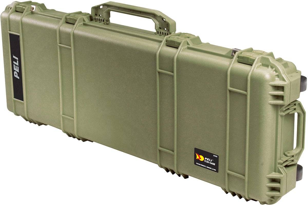 The PELI 1720 Protector Long Case is a durable, olive green hard-shell case with reinforced corners, secure latches, a handle, and PELI labels on two black panels—perfect for keeping equipment safe and watertight.