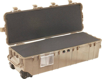The 1740 Protector Long Case is a large tan watertight case with foam lining, open lid, latches, wheels, and a clear label holder—perfect for long gear storage and dustproof protection.
