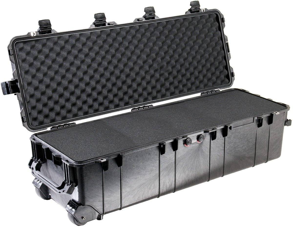 The 1740 Protector Long Case is a large, hard-shell black case with foam padding, wheels, secure latches, and an open lid—ideal as a dustproof storage solution for long gear.