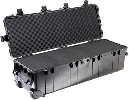 The 1740 Protector Long Case is a large, hard-shell black case with foam padding, wheels, secure latches, and an open lid—ideal as a dustproof storage solution for long gear.