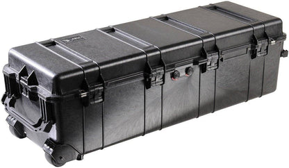 The 1740 Protector Long Case is a large black hard-shell, dustproof case with wheels and handle, ideal for long gear storage and secure transport. Multiple latches provide watertight closure.