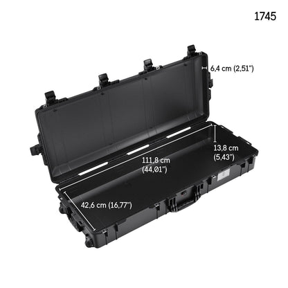 Open black 1745 Air Case, a lightweight polymer waterproof case with interior dimensions 111.8 x 42.6 x 13.8 cm and lid depth of 6.4 cm; model number 1745 appears in the top right corner.