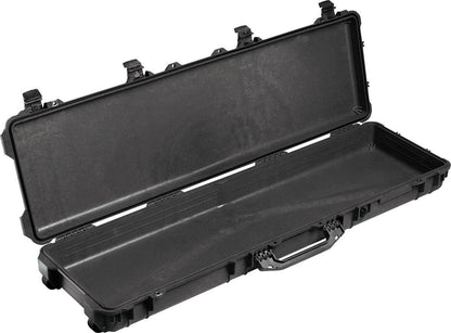 The black 1750 Protector Long Case is open and empty, showing its crushproof, watertight interior with secure latches on the top edge and a sturdy front handle.