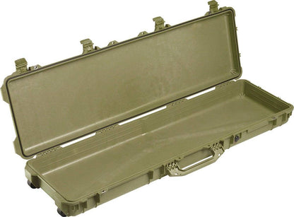 The olive green 1750 Protector Long Case, made of hard plastic, features an open lid, empty interior, four latches, and a handle; this crushproof PELI case ensures ultimate protection.