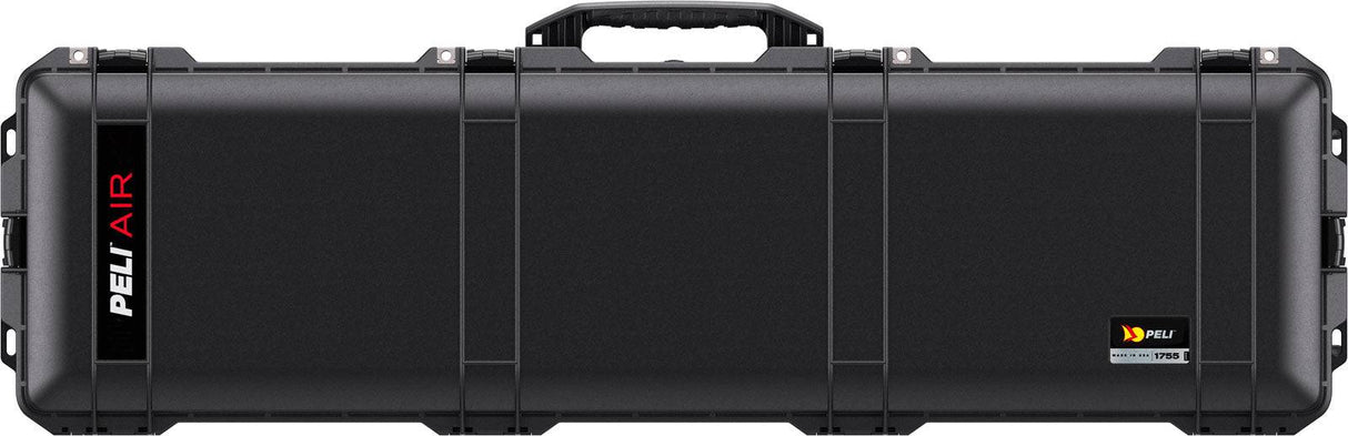 The 1755 Air Case is a closed black protective case with a central handle, secure front latches, branded logos, and a lightweight, durable design for easy portability.