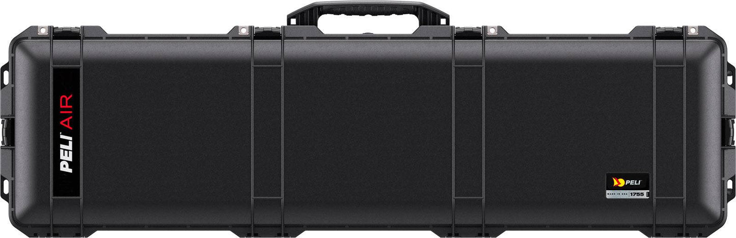 The 1755 Air Case is a closed black protective case with a central handle, secure front latches, branded logos, and a lightweight, durable design for easy portability.