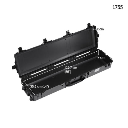 Open black 1755 Air Case, a lightweight protective case with interior dimensions of 139.7 cm (55”) long, 35.6 cm (14”) wide, and height labeled as x cm.